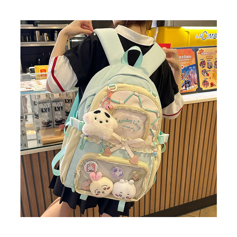 Ita-bag color-blocked transparent backpack for college girls, high-value, lightweight, large-capacity, double-shoulder pleated lace casual backpack
