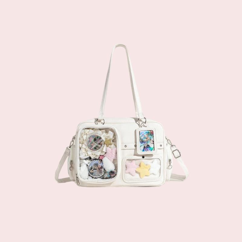 White,Blue Bow Zippered Chain-Decorated Daily Sweet Japanese College Style Ita Shoulder Bag