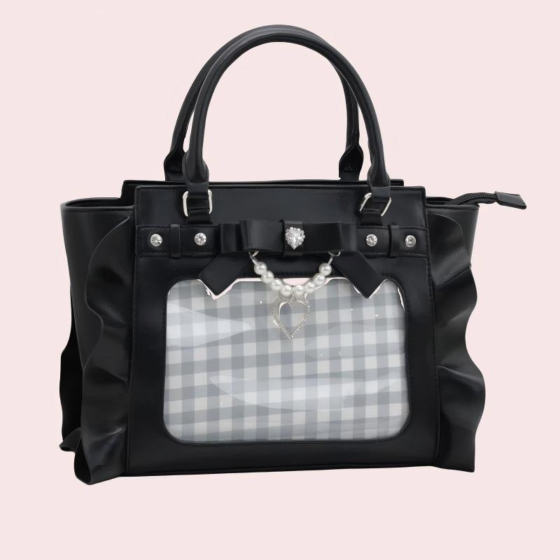 Ruffled Bow Zippered Pearl-Decorated Sweet Japanese College Style Ita Shoulder Bag Black，Blue，Beige
