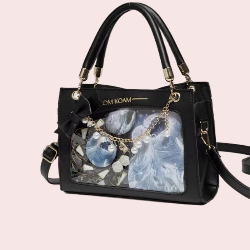 Black-White Zippered Chain-Decorated Daily Japanese Ita Handbag