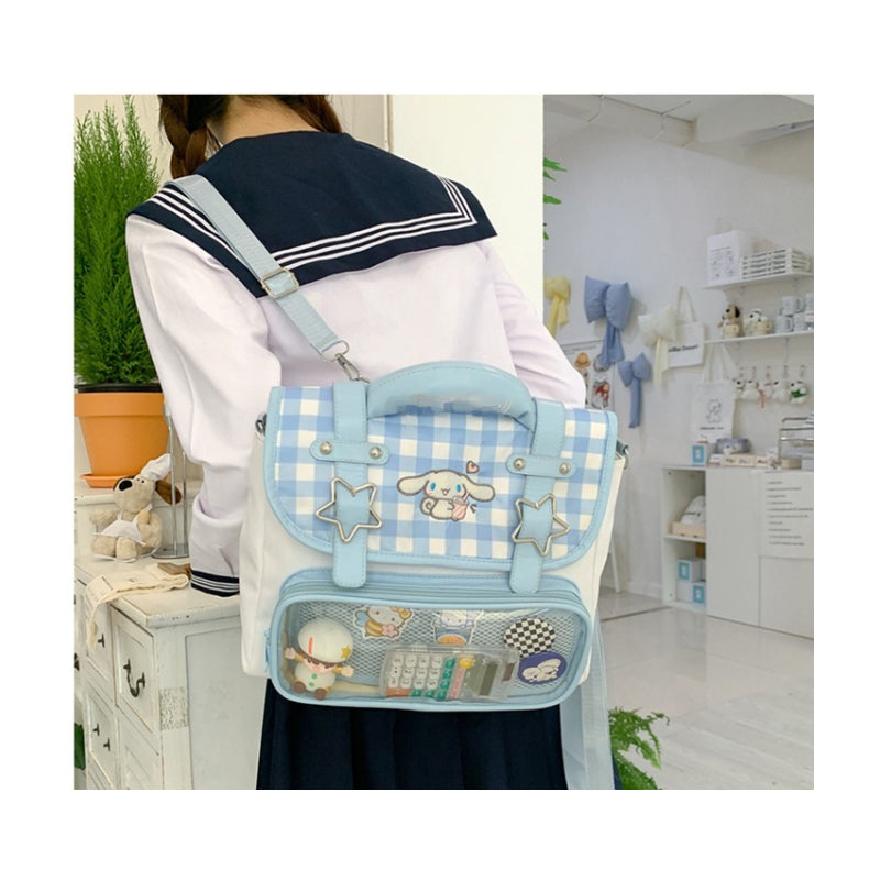 High-Look Canvas Backpack for Girls – Small Capacity Anime Ita Bag for Badges Blue Plaid with PVC Flap