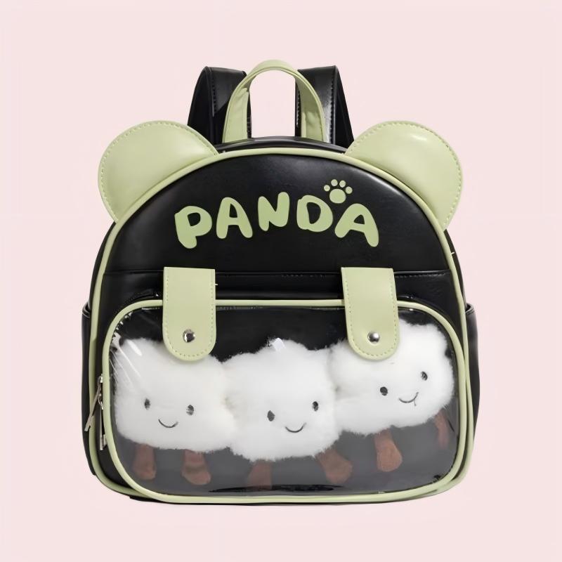 Black/Green Chain-Decorated Daily College Style Ita Backpack Cute Panda 2D JK School Girl Style Transparent Shoulder Bag for Shopping