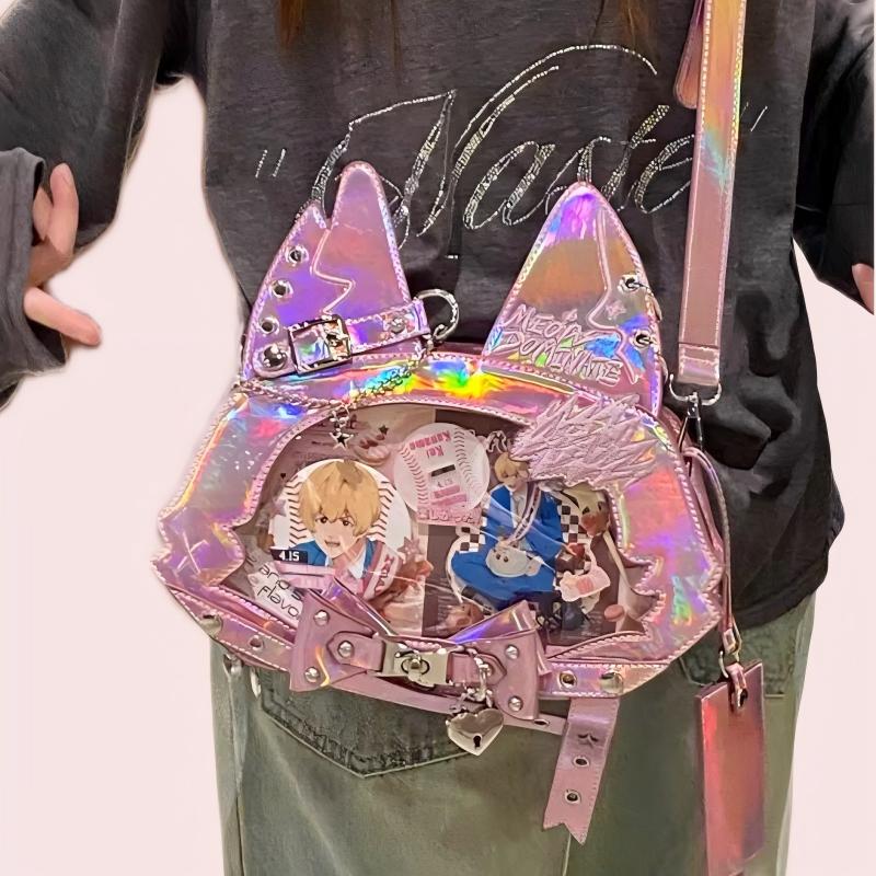 Cat girl sling bag with laser paint leather Multi-Color Bow Zippered Daily Sweet Punk Japanese Gorgeous Ita Shoulder Bag