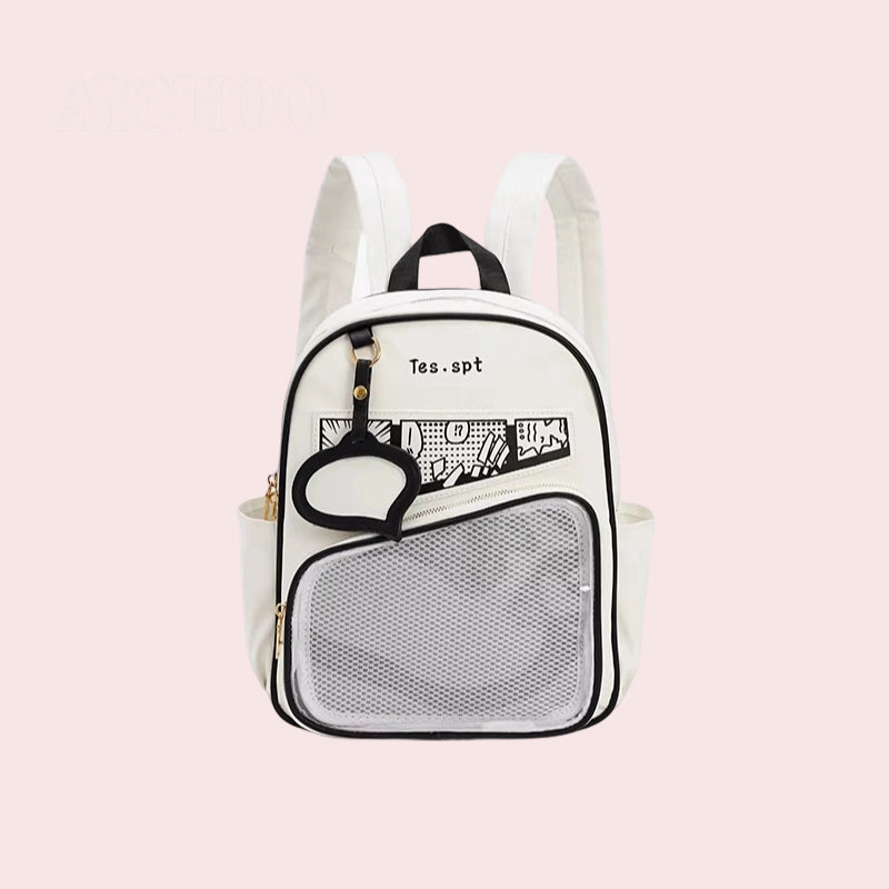 Manga-style Ita Bag Cute Anime Girl Versatile Backpack with Transparent Panel for Acrylic Badges