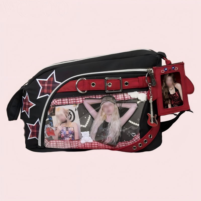 Black Zippered Star Punk Handsome Ita Crossbody Bag